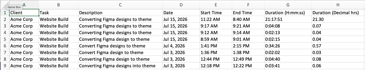 Timesheet exports to Excel or CSV
